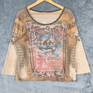 Vintage Womens Top XL Brown Y2K Western Cowboy Buffalo Bill Wild West Horses